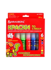 Краски по стеклу (витражные) BRAUBERG 6цв. по 20мл. (1флуор)+ 1пленка+12шаблонов европодвес 19071