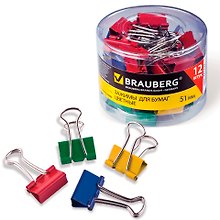 Зажим для бумаг 51мм металлический, цветной, пл/кор., Brauberg