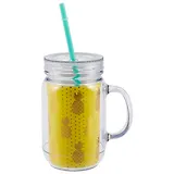 Баночка с ручкой и крышкой + трубочка, для коктейлей Золотые ананасы, пластик, 550мл (12-06646-90834982)