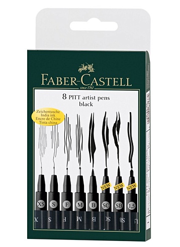 Капиллярные ручки PITT® ARTIST PEN, черный, набор типов наконечников, в футляре, 8 шт.