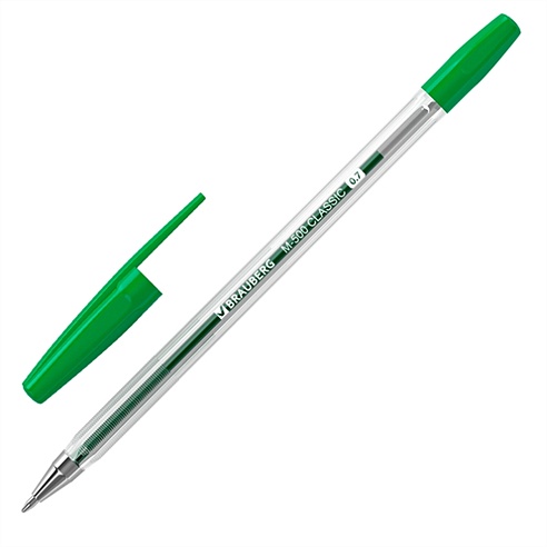 Ручка шариковая зеленая "M-500 CLASSIC" корпус прозрачный,узел 0,7мм,линия 0,35мм, BRAUBERG