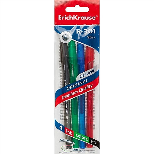 Ручки гелевые 04цв "R-301 Original Gel Stick" 0.5мм, синяя, черная, красная, зеленая, подвес, Erich Krause