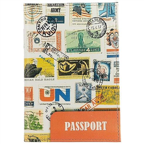 Обложка на паспорт «Марки разных стран с печатями», натуральная кожа