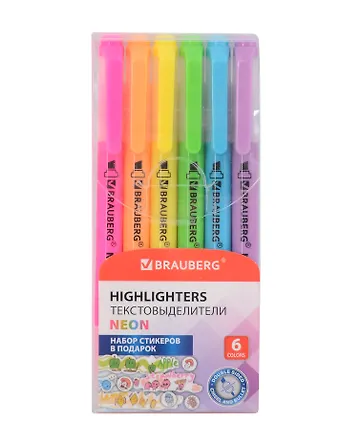Текстовыделители 06цв TWIN NEON двусторонние, пл/уп, BRAUBERG