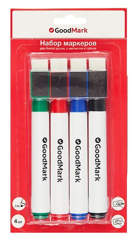 Маркеры для досок с магнитом и губкой GoodMark, 4 цвета
