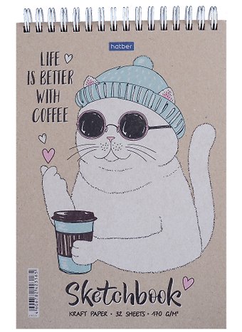 Скетчбук А5 32л Coffeecat крафт бумага 170г/м2, тв.подложка, гребень
