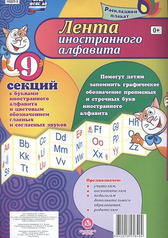 Лента иностранного алфавита. Раскладной плакат из 9 секций с буквами иностранного алфавита и цветовым обозначением гласных и согласных звуков