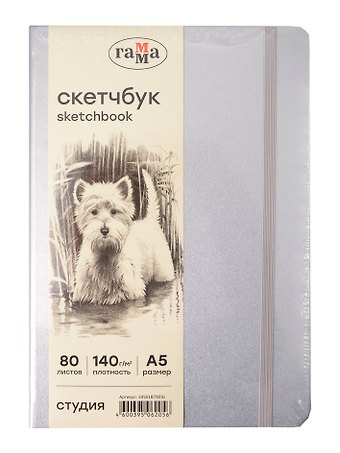 Скетчбук А5 80л Гамма. Студия серебро, 140г/м2, слоновая кость, тв.обложка, резинка