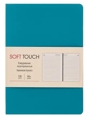 Ежедневник недат. А6+ 136л SOFT TOUCH бирюзовый, интегр.переплет, иск.кожа, тонир.блок, скругл.углы, запечат.торец, ляссе, инд.уп