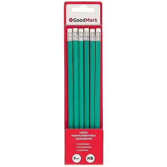 Карандаши GoodMark, чернографитные с ластиком 6 штук