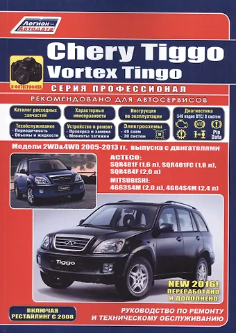 Chery Tiggo. Vortex Tingo в фотографиях. Модели 2WD&4WD 2005-2013 гг. выпуска с бензиновыми двигателями: ACTECO: SQR481F (1,6 л.), SQR481FC (1,8 л.), SQR484F (2,0 л.) и MITSUBISHI 4G63S4M (2,0 л.), 4G64S4M (2,4 л.). Включая рестайлинг с 2008 года