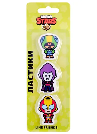 Ластики 3 штуки Brawl Stars. Леон, Мортис, Макс фигурные, блистер