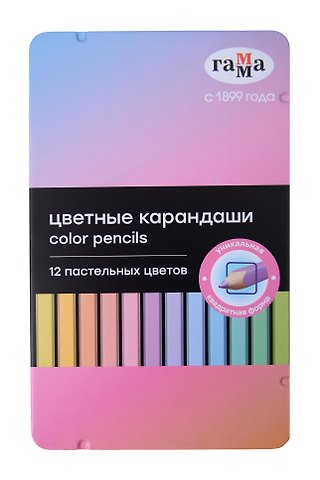 Карандаши цветные 12цв пастельные квадратные, заточен., метал. пенал, Гамма