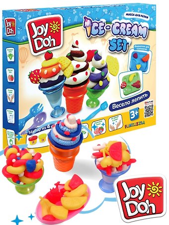 Масса для лепки Joy Doh, набор Ice-cream Set - Мороженое, доп. пресс-формы для фруктов, 10 аксессуаров, 4 баночки с тестом (4 х 50г)