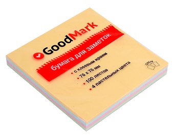 Блок бумаги 76*76 самоклеящийся 4цв 100л, пастель, GoodMark