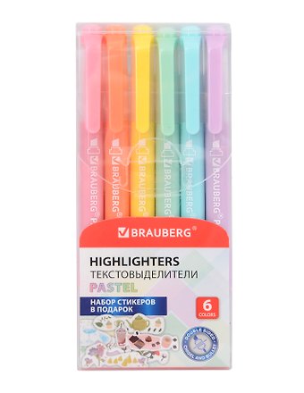 Текстовыделители 06цв TWIN PASTEL двусторонние, пл/уп, BRAUBERG