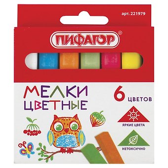 Мелки цветные 06цв квадратные, к/к, европодвес, Пифагор