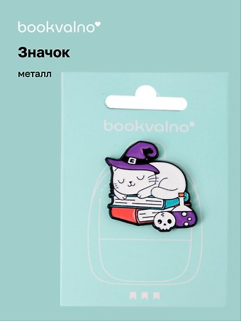 Значок Котик-волшебник с книгами (металл)