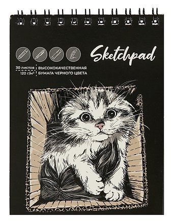 Скетчбук А6 30л "Котик" черн.внутр.блок, 120г/м2, гребень