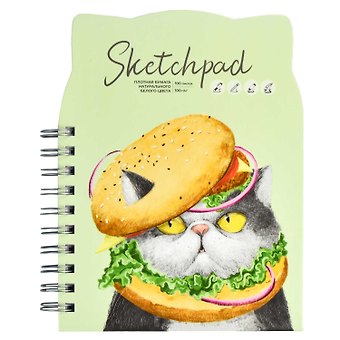Скетчбук А5 100л "Вкусный кот" белый офсет, 100г/м2, фигурная вырубка, тв.обложка, гребень