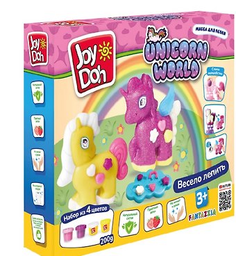 Масса для лепки Joy Doh, набор Unicorn World - Мир единорогов, 3D формы, украшения, 21 аксессуар, 4 баночки с тестом с блестками, (4 х 50 грамм)