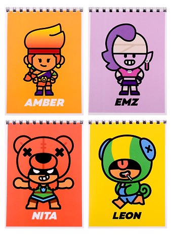 Блокнот А6 40 листов, нелинованный, Leon, Amber, Emz, Nita, Frank спираль, Brawl Stars
