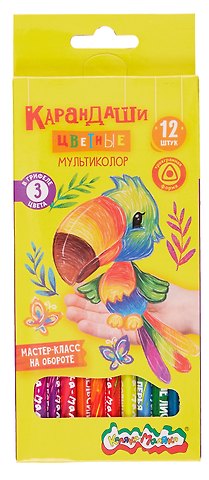Карандаши цветные 12цв МУЛЬТИКОЛОР многоцв.грифель, дерев.трехгран.корпус, принт на корпусе, карт.уп., Каляка-Маляка