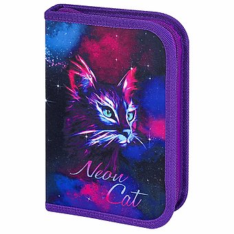 Пенал 1 отделение Neon cat с наполнением, 21*14 см, 24 предмета