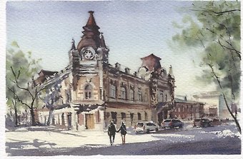 Открытка Иркутск акварель Дом И.М. Файнберга