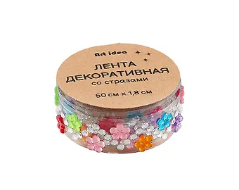 Лента клейкая декоративная со стразами 50х1,8 см, с цветочками
