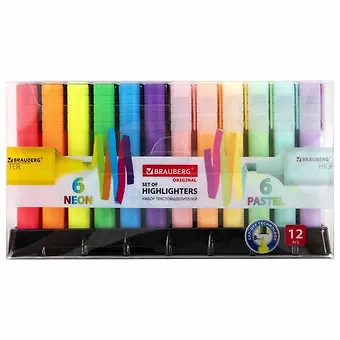 Текстовыделители 12цв ORIGINAL NEON на подставке, пл/уп, BRAUBERG