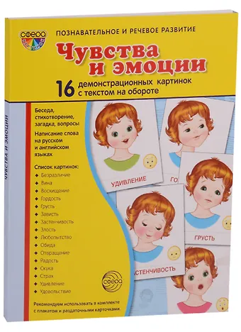 Татьяна Владиславовна Цветкова Дем. картинки СУПЕР Чувства и эмоции. 16 раздаточных карточек с текстом (63х87мм)