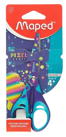 Ножницы 130мм детские PIXEL PARTY декорир.лезвия, нерж.сталь, закругл.концы, прорезин.кольца ручек, симметричные, карт.подвес, Maped