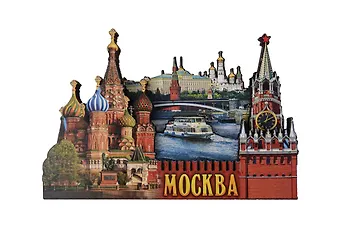 Магнит резной Спасская башня,Храм Василия Блаженного,Набережная (дерево) (Москва) (029-2-19K23)