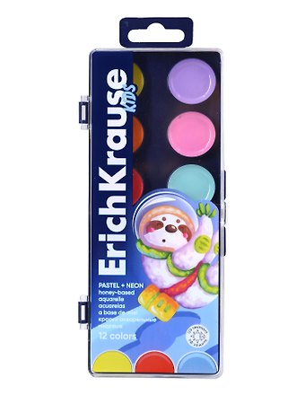Краски акварельные 12цв Kids Space Animals Neon+Pastel пл/к., б/к., ERICH KRAUSE